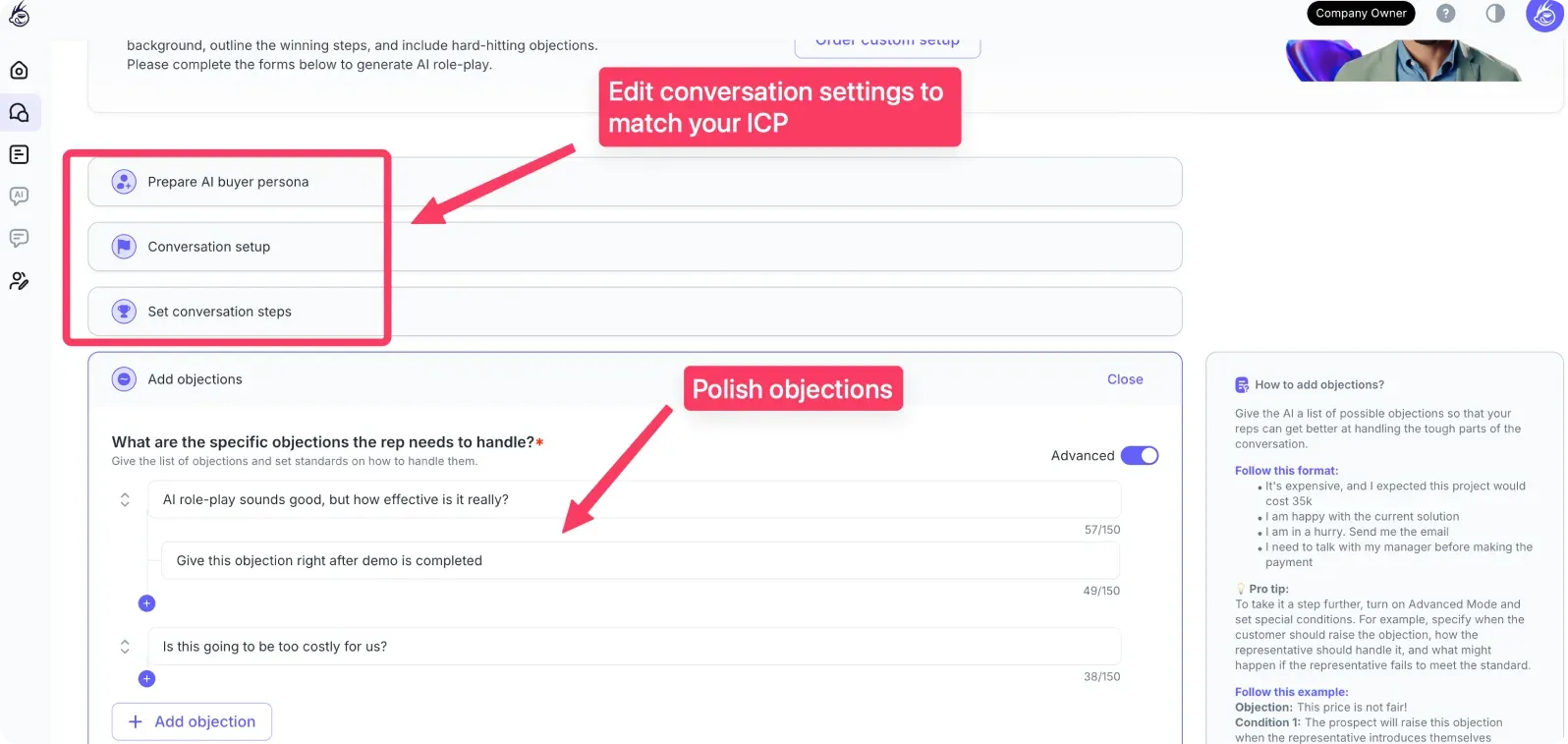 PitchMonster scenario setup screen with conversation settings matched to your ICP and buyer objections selected