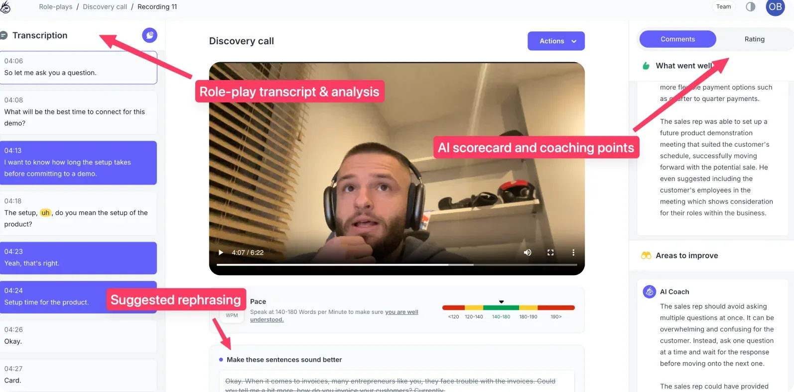 PitchMonster session review with the transcript, the recorded role-play and AI scoring side by side