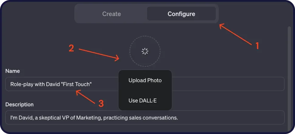 GPT Configure tab with the name Role-play with David First Touch, a description and an Upload Photo or Use DALL-E menu, with numbered arrows