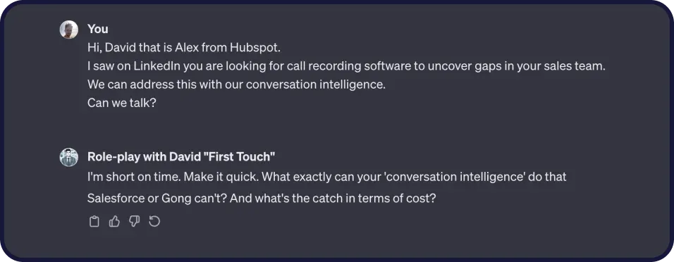 ChatGPT chat where a rep pitches call recording software to David and the AI buyer answers that he is short on time and asks about the cost