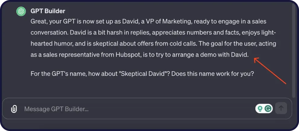 GPT Builder message confirming the GPT is set up as David, a VP of Marketing, and suggesting the name Skeptical David