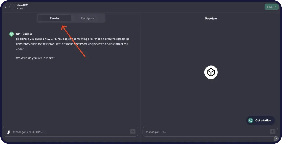 GPT Builder Create tab with the GPT Builder greeting, an empty preview pane and a red arrow pointing at the Create tab
