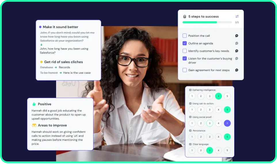 PitchMonster AI Coach panels shown around a rep after a role-play session