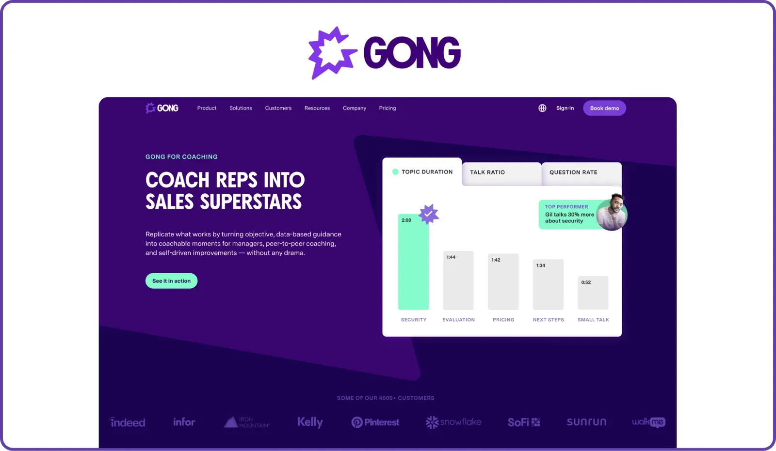 Gong page on coaching reps with conversation intelligence