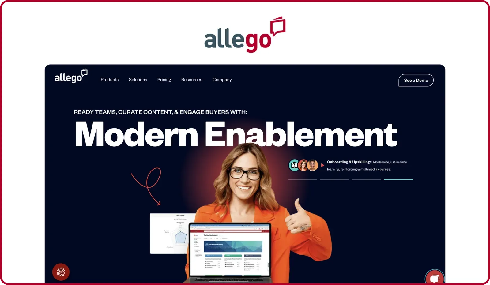 Allego homepage showing its enablement platform for video coaching and content