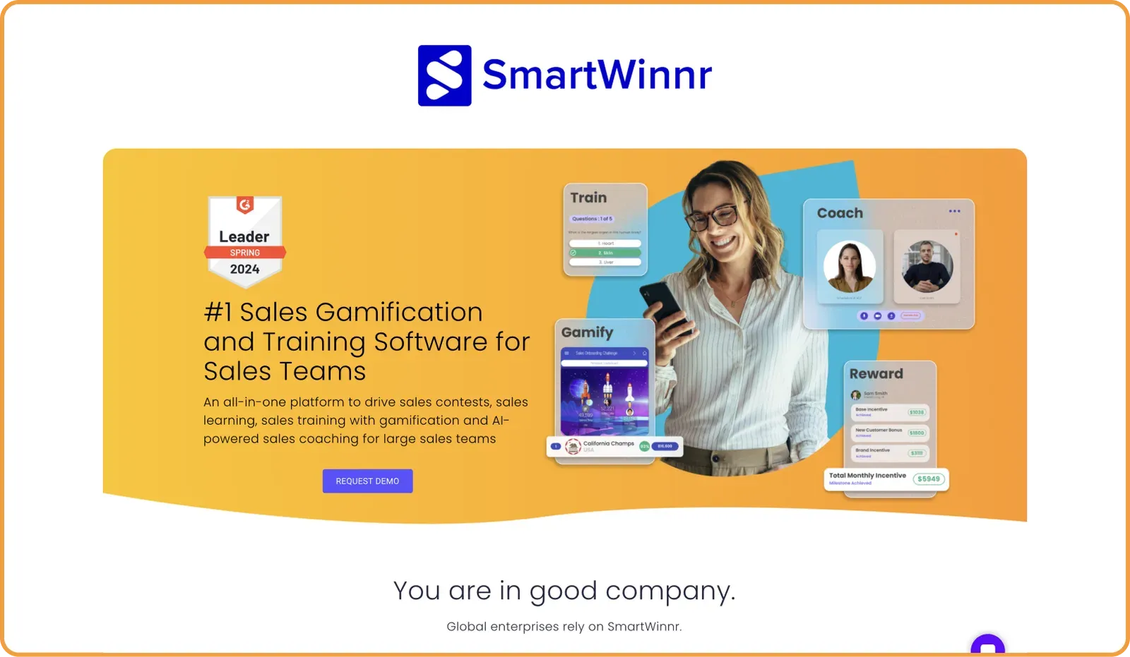 SmartWinnr homepage showing sales gamification and training software for sales teams