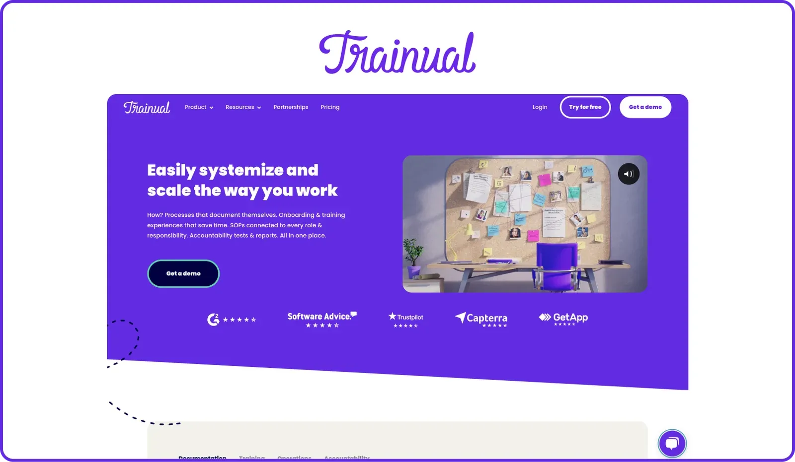 Trainual homepage with the headline Easily systemize and scale the way you work, a Get a demo button and review site badges