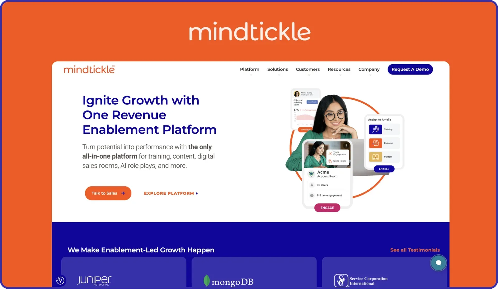Mindtickle homepage positioning it as a revenue enablement and sales readiness platform