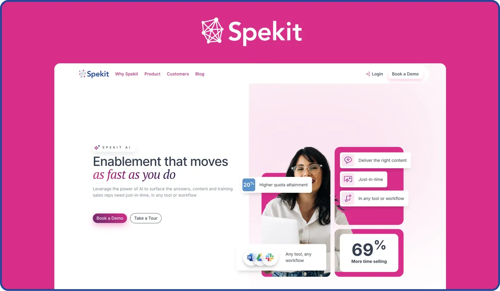 Spekit homepage with the headline Enablement that moves as fast as you do and stat cards for 20% higher quota attainment and 69% more time selling