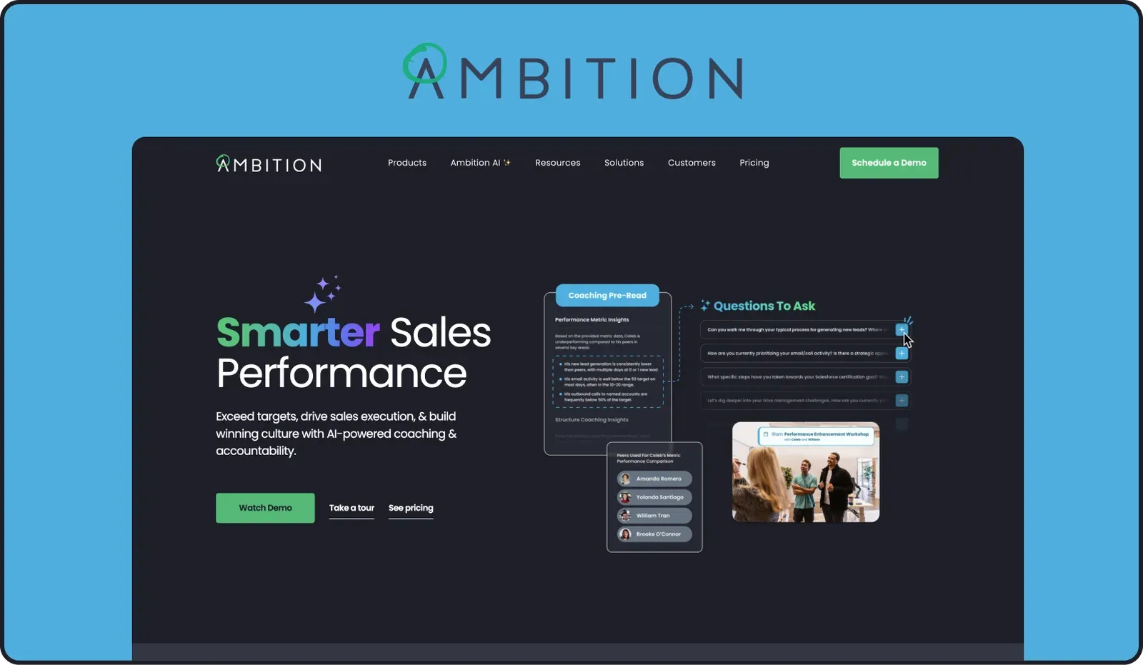 Ambition homepage with the headline Smarter Sales Performance, a Watch Demo button and coaching pre-read panels