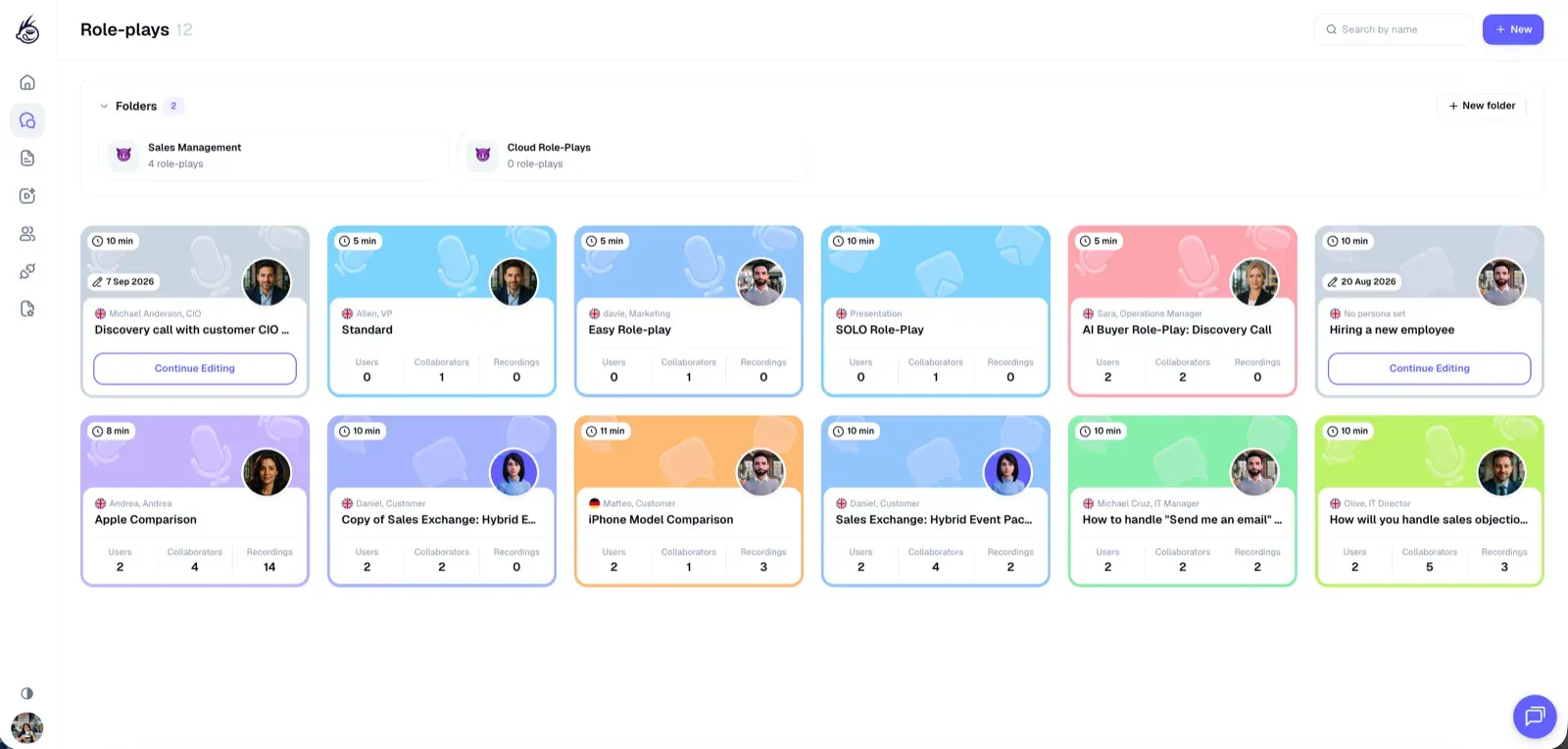 PitchMonster role-play library screen: 12 scenario cards in a grid, each showing duration, persona photo and name, and Users, Collaborators and Recordings counts, plus 2 folders (Sales Management, Cloud Role-Plays) and 2 draft cards with a Continue Editing button.